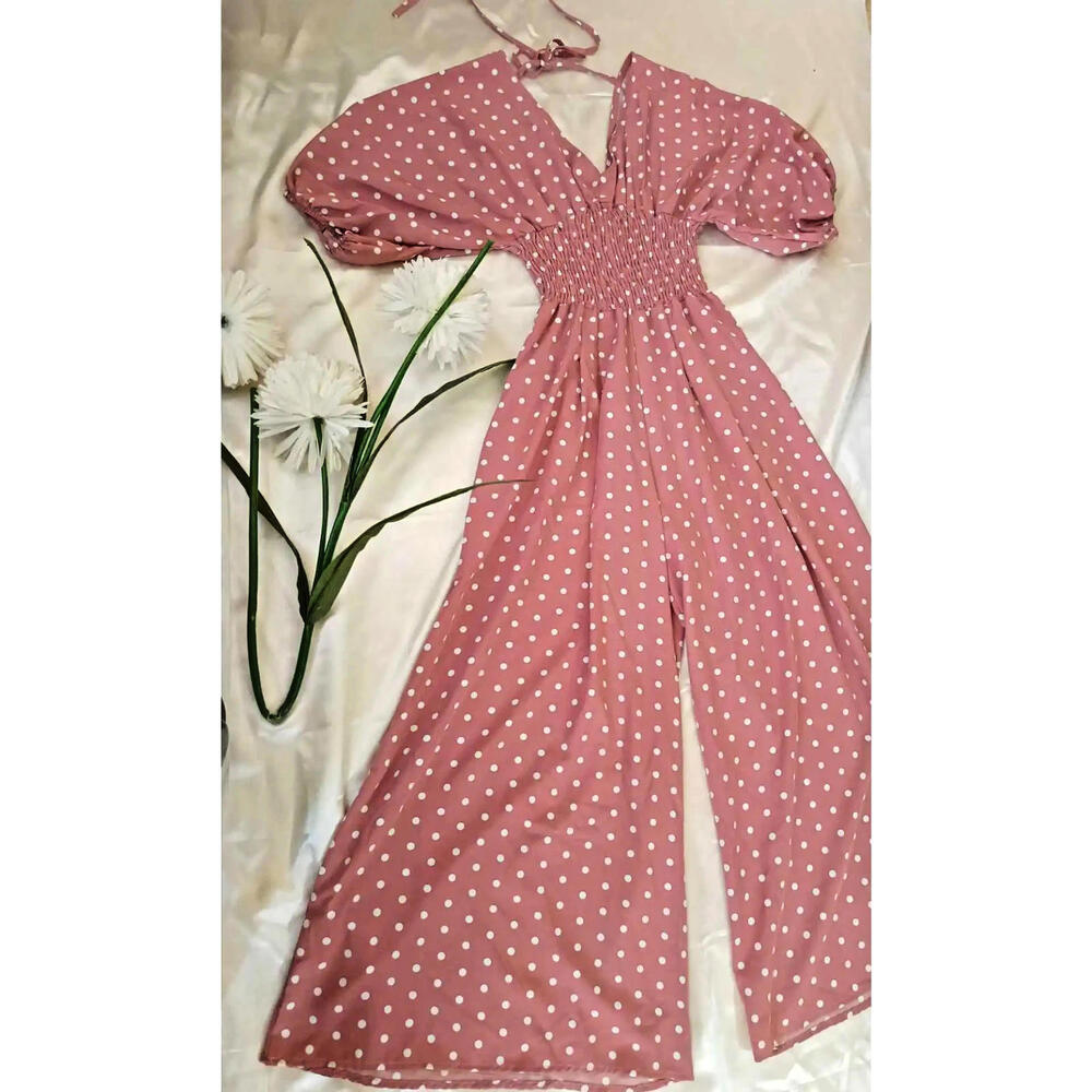 Gorgeous New Jumper Polkadot Romper Wide Leg Tie Back Size LG Womens Outfit